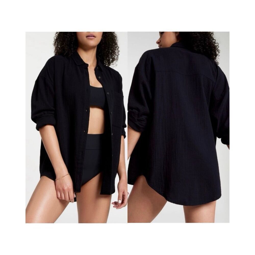 #873.CALIA Swim Pure Black Oversized Henley Long Sleeve Button Down Cover-Up NWT